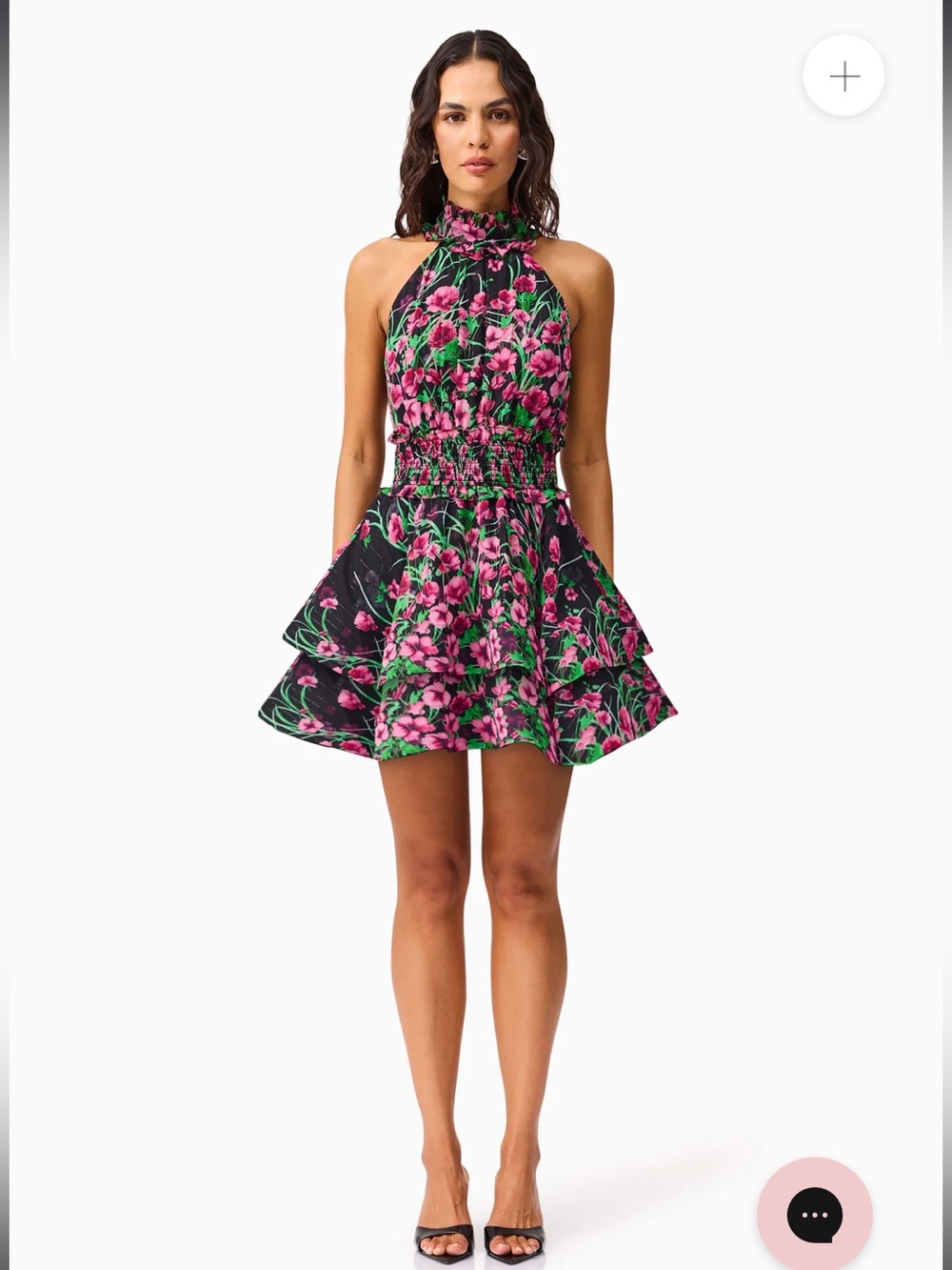 elliatt estelle black & pink floral print mock neck tiered mini dress size small